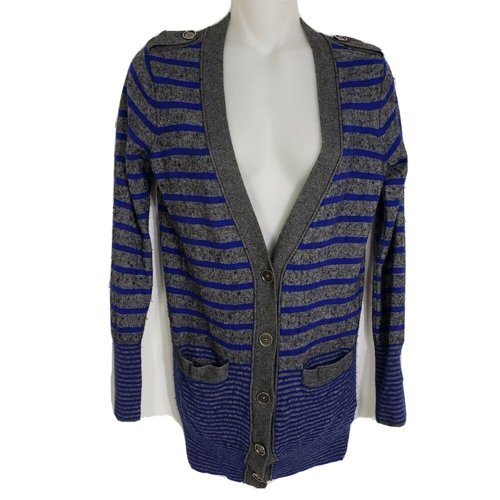 Calvin Klein Womens Cardigan Sweater XS Pockets Striped Wool Cashmere Rabbit Hai